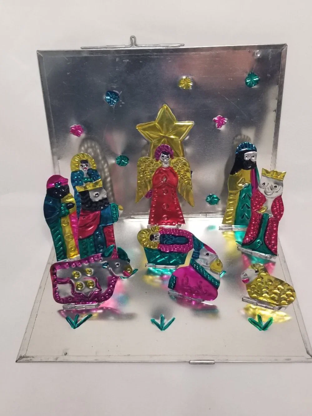 Mexican Folk Art Punched Tin Folding Pop Up Nativity Scene Hand Painted Display